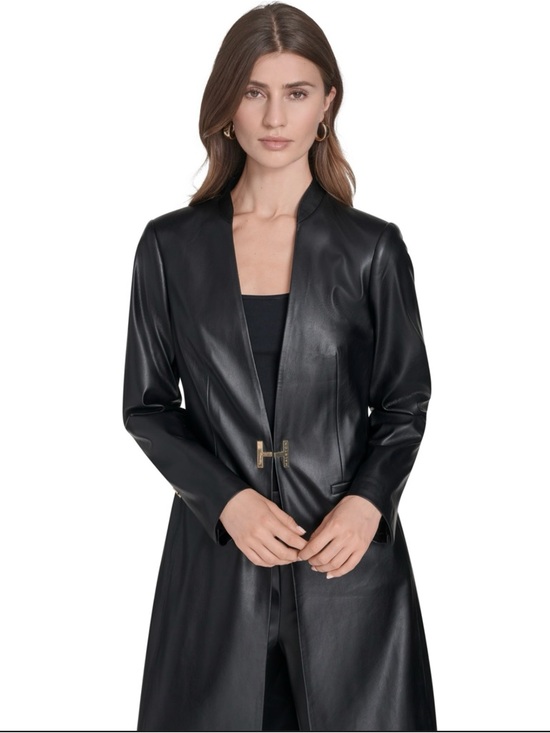 H by Halston Jackets & Blazers - H by Halston Black Faux Leather Long Trench Coat Chic Minimalist with H-Hook NWT
